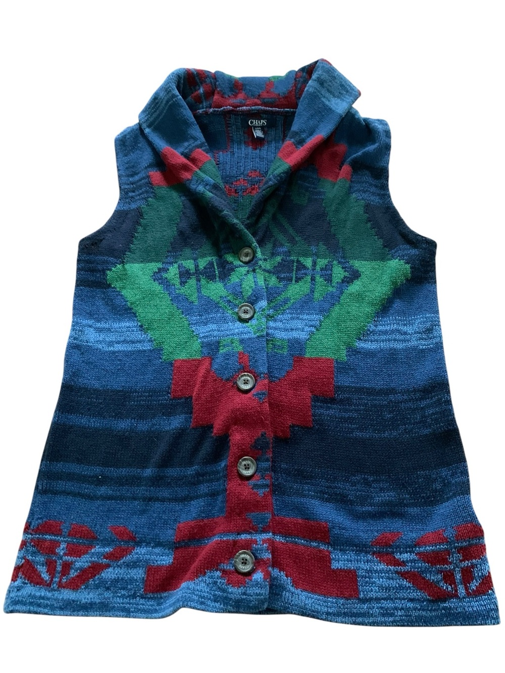 VTG Chaps Southwestern Aztec Knit Sweater Vest Shawl Collar Cardigan